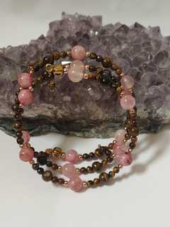 Bracciale fatti su Memory wire in acciaio con pietre rosa e occhio di tigre fatto a mano 