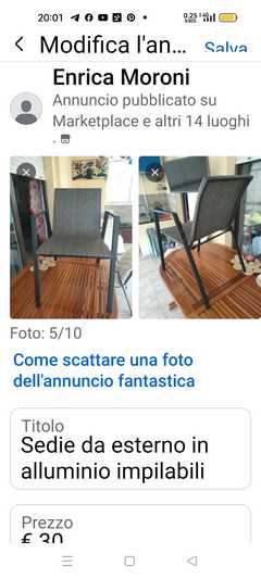 Sono 4 sedie, il prezzo indicato è per la singola sedia.
<br>Nuove, mai utilizzate.
<br>In allumin